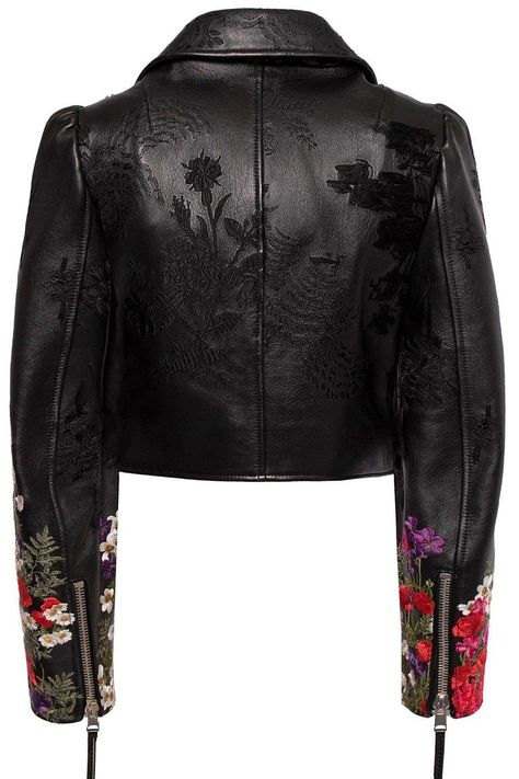 Embroidery On Leather Jacket, Leather Jacket Unique, Alexander Mcqueen Leather Jacket, Embroidery Leather Jacket, Leather Jacket Embroidery, Leather Jacket Back, Leather Jacket Design, Leather Jacket Outfit Fall, Floral Leather Jacket