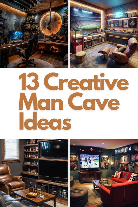 Design the ultimate man cave in even the smallest space with these 13 creative ideas! From wall-mounted TVs and gaming chairs to compact bar carts and hidden storage, these tips will help you craft a stylish and functional retreat. Whether you’re into gaming, movies, or just relaxing, these small-space solutions prove that size doesn’t limit creativity. Click to explore these inspiring man cave ideas for your personal hideaway! #mancave #bassement #ideas #smallroom Small Space Man Cave Ideas, Man Cave Display Ideas, Game Room Decor Man Caves, Small Man Cave Ideas On A Budget, Man Cave Seating Ideas, Tiny Man Cave, Man Cave Tv Wall, Small Game Room Design, Tiny Man Cave Ideas