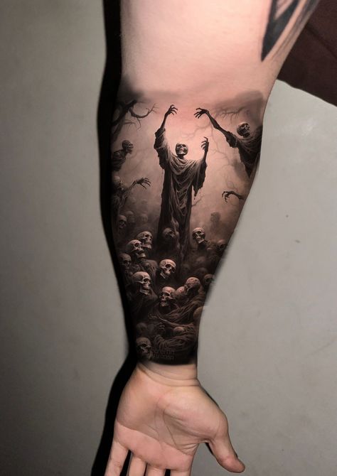 Demon Leg Sleeve Tattoo, The Evil Within Tattoo, Hades Underworld Tattoo, Devil Sleeve Tattoo, Dark Creepy Tattoos, Dark Demon Tattoo, Half Hand Tattoo Men, Gothic Horror Tattoo, Swat Tattoos