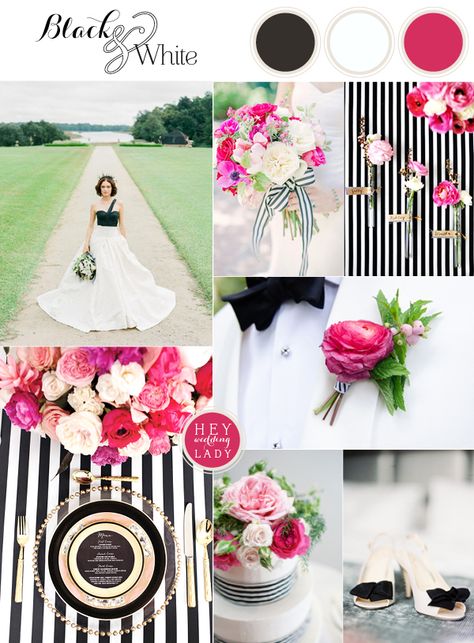 Chic and Modern Black and White Wedding Inspiration with Brilliant Fuchsia | See More! http://heyweddinglady.com/chic-modern-black-and-white-wedding-inspiration-with-brilliant-fuchsia/ Black And White Striped Wedding, Kate Spade Inspired Wedding, Modern Black And White Wedding, White Stripes Wedding, Fuschia Wedding, White Wedding Inspiration, Kate Spade Wedding, Wedding Color Pallet, Fuchsia Wedding