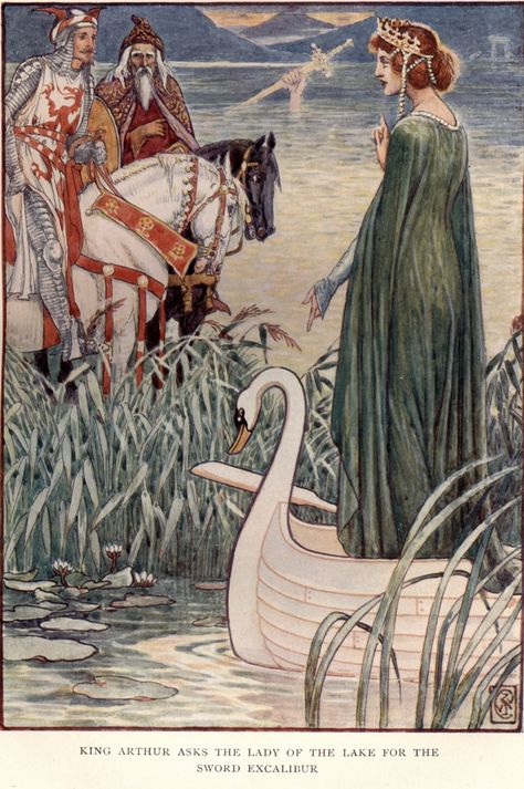 King Arthur Asks the Lady of the Lake for the Sword Excalibur, Art by Walter Crane, 1911 King Arthur's Knights, The Lady Of The Lake, Rei Arthur, King Arthur Legend, Mists Of Avalon, The Lady Of Shalott, Morgan Le Fay, Roi Arthur, Lady Of The Lake