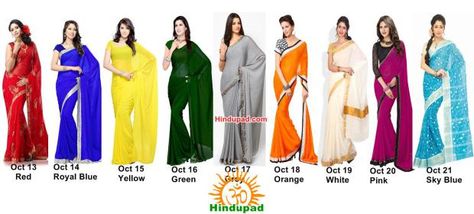 Navratri Colours 2015 list image Navratri Colours, Saree Colours, Navratri Puja, Chaitra Navratri, 2024 Dresses, Of Sarees, Color Meanings, Durga Puja, Dresses To Wear