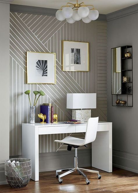 Going Gray in Style With Gorgeous, Dark and Neutral Finishes White Lacquer Desk, White Desk, Luxury Office, Wallpaper Accent, Wallpaper Accent Wall, Modern Masters, Diy Wallpaper, Wallpaper Modern, White Desks