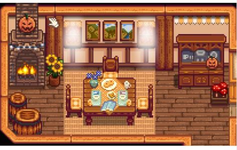 Stardew Valley House Interior Sebastian, Stardew Valley House Decor Ideas, Stardew Mine Decor, Stardew Valley House Exterior, Stardew Valley Dining Room, Stardew House Color, Stardew Decoration House, Stardew Valley Strawberry House, Stardew Valley Farmhouse Layout