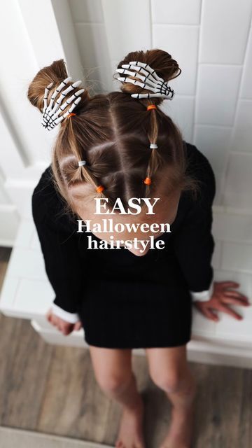 Banks girl on Instagram: "Do my nieces hair with me 🎃 featuring skeleton clips! 💀 #girlshairstyles #easyhairstyles #girlshair #easyupdo #halloweenhair #halloweenhairstyles #halloween #halloweencostume #halloweenideas #toddlerhairstyles" Cute Spooky Hairstyles, Fun Hair Day Schools, Girls Halloween Hair Ideas, Toddler Fall Hairstyles, Halloween Toddler Hairstyles, Halloween Hair Styles For Girls Kids, Toddler Halloween Hairstyles, Cute Halloween Hairstyles For Kids, Girls Halloween Hairstyles