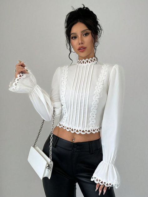 Women Spring And Summer Stand-Up Collar Trumpet Sleeves Cropped Elegant Shirt White   Extra-Long Sleeve Fabric   Slight Stretch  Women Clothing, size features are:Bust: ,Length: ,Sleeve Length: Manche, Áo Crop Top, Short Blouse, Trumpet Sleeves, Leather Crop Top, Cropped Leather Jacket, Trumpet Sleeve, Extra Long Sleeves, Plain Tops