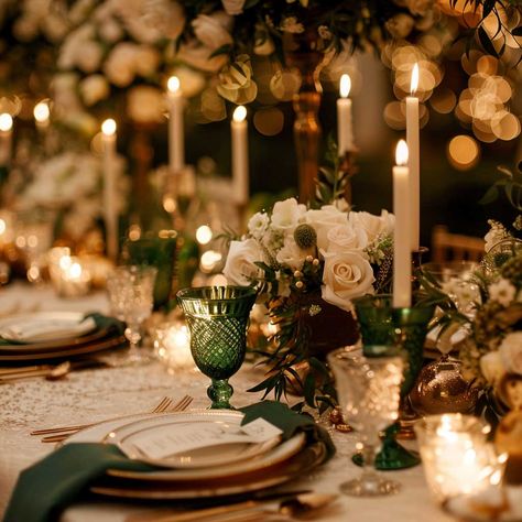 4+ Dreamy Emerald Green Wedding Theme Elements • 333k+ Inspiring Lifestyle Ideas November Wedding Emerald Green, Winter Vowel Renewal Ideas, October Wedding Emerald Green, Winter Wedding Emerald Green And Gold, Christmas Wedding Emerald Green, Winter Wedding Green And Gold, Green Winter Wedding Theme, Emerald Table Setting, Dark Green And Gold Wedding Theme