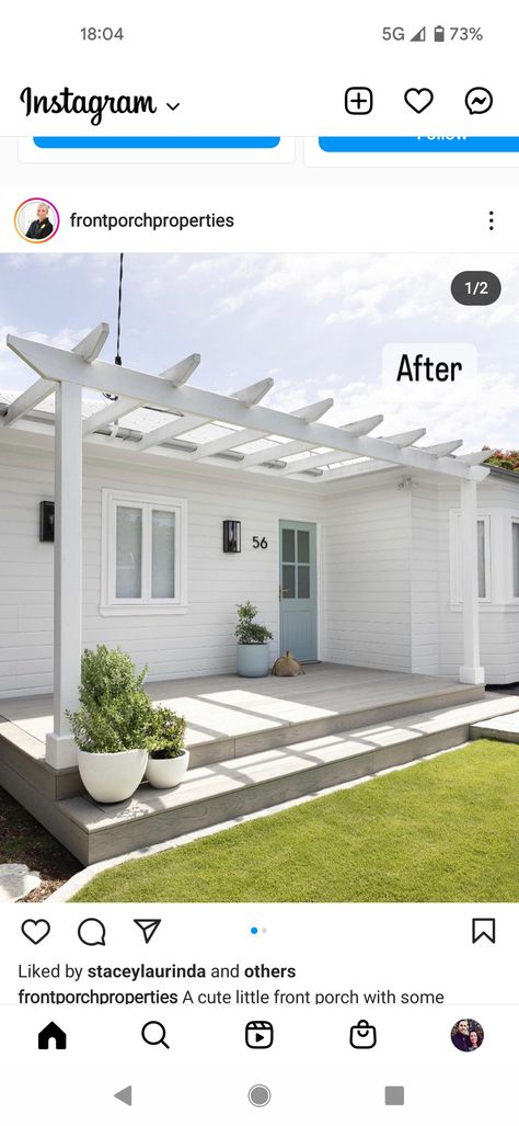 Front Verandah Ideas Entrance, Diy Veranda Ideas, Weatherboard House Exterior, White Weatherboard House, 1950 House, Weatherboard Exterior, White Pergola, White Porch, Weatherboard House