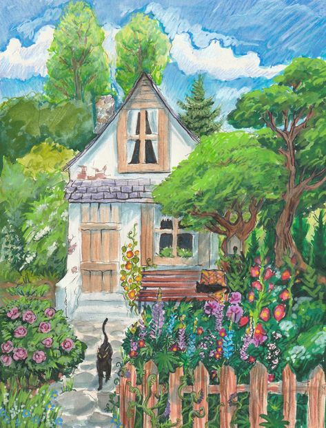 Illustration of cottagecore house witchy magical landscape art fantasy cats Witch House Illustration, Witch House Drawing, Cottage House Drawing, Magic Cottage, Building References, Whimsical House, Cottage Illustration, Spooky Jewelry, Witches Cottage