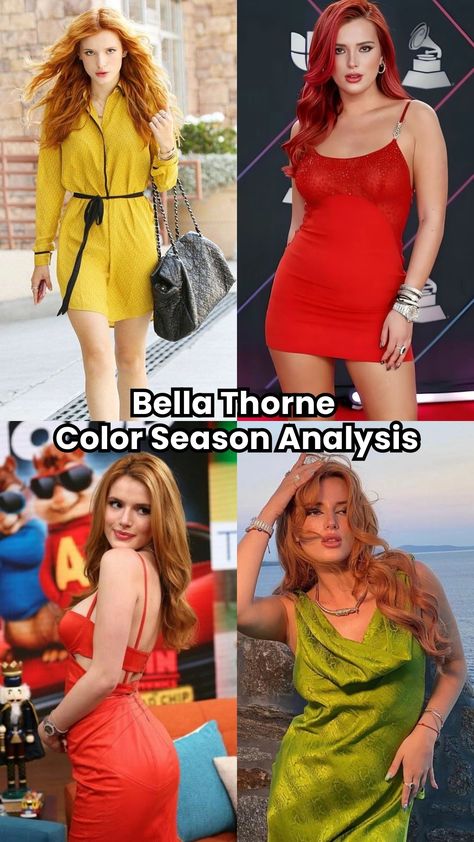 Bella Thorne color season: Explore how her red hair and unique features fit into specific color seasons with online, detailed analysis. True Spring Red Hair, Bright Spring Hair Color, Color Season Analysis, True Spring Palette, Season Analysis, True Spring Color Palette, True Spring Colors, Body Shape Guide, Color Seasons