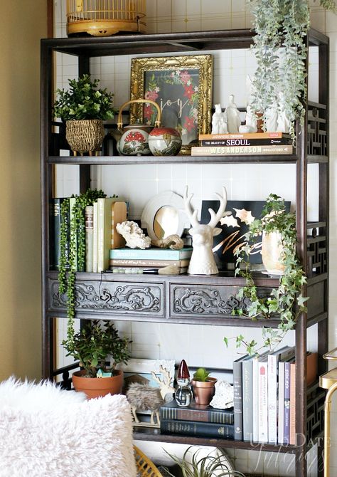 christmas-bookshelf-winter-tour Styling With Plants, Modern Boho Dining Room, Christmas Bookshelf, Home Addition Plans, Black Shelf, Moody Vintage, Boho Dining Room, Vintage Bookshelf, Beautiful Home Gardens