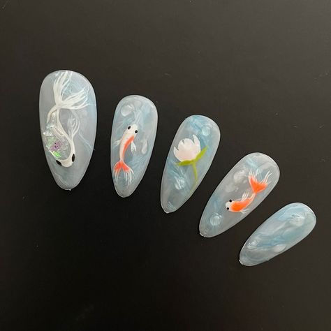 Nails Fish Design, Fish Nail Art Designs, Fish Tank Nails, Fish Themed Nails, Nail Art Fish, Jelly Fish Nails Art, Coy Fish Nails, Nails With Fish, Koi Pond Nails