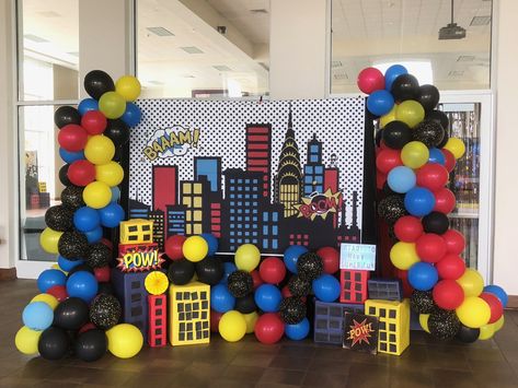 Fun Backdrop for your Superhero birthday party Superhero Event, Superman Theme, Avengers Birthday Party Decorations, Superhero Backdrop, Train Birthday Cake, Superheroes Party, Superhero Baby Shower, Marvel Party, Super Mario Bros Party