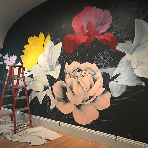 Louise Jones, Floral Mural, Flower Mural, Wall Art Diy Paint, Collage Art Projects, Wall Murals Painted, Graffiti Murals, Wall Paint Designs, Flower Paintings