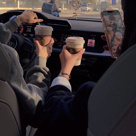 Couples Starbucks Aesthetic, Car Trip Aesthetic Couple, Aesthetic Car Photography, Couple Car Drive, Driving Couple Aesthetic, Starbucks Drive Thru Aesthetic, Car Ride Aesthetic Couple, Couple In A Car Aesthetic, Coffee In Car Aesthetic