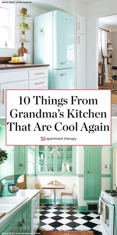 Here are 10 things from your grandparents' kitchen that are actually cool again. #kitchendecor #kitchenideas #retrokitchen #retrokitchenideas #kitchentrends #smegfridge #checkeredfloors #nostalgiadecor #oldschoolkitchen #grandmillennial 50s Retro Kitchen Ideas, 1950s Kitchen Ideas, Retro 1950s Kitchen, Retro Kitchen Ideas 1950s Mint Green, Granny Kitchen Ideas, 1950s Homes Interior, 1950s Design Interiors, 50s Style Home Decor, Modern 1950s Kitchen