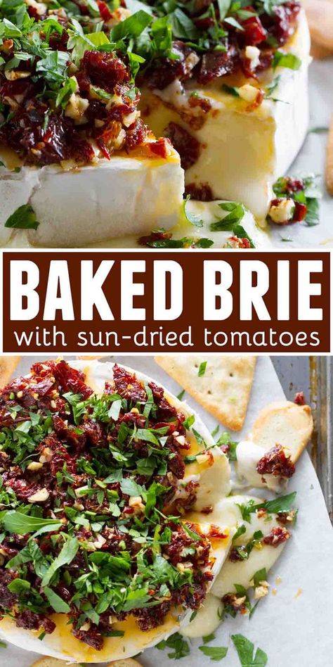 If you are looking for a show-stopping appetizer that only takes minutes to make, this Baked Brie Recipe with Sun-Dried Tomatoes is your answer! Melty cheese is topped with a mixture of sun-dried tomatoes, garlic and parsley in this addictive starter. #appetizer #brie #tomatoes #bakedbrie Brie Recipes Appetizers, Brie Cheese Recipes, Baked Brie Recipe, Baked Brie Appetizer, Tomato Appetizers, Baked Brie Recipes, Brie Appetizer, Brie Recipes, Baked Tomatoes