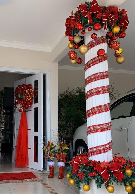 75 Simple Dollar Tree Christmas Decoration Ideas that are scintillating and lively - Hike n Dip Christmas Decor Ideas Outdoor Porch Columns, Christmas Decor For Columns, Christmas Decor For Business, Decorating Columns For Christmas, Extreme Christmas Decorations, Crazy Christmas Decorations, Christmas Column Decor, Christmas Ceiling Decorations, Church Christmas Decorations