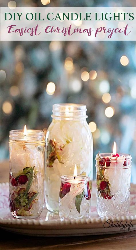 DIY Oil Candle Lights that you can make for Christmas using items that you probably already have on hand. Turn your mason jars into beautiful Christmas lanterns for indoors or outside on the porch! #christmaslights #christmascandles #candlediy #holidaydecorating #holidaycrafts #shabbyfufu Oil Candles Diy, Oil Lamp Candle, Hand Dipped Candles, Oil Candle, Diy Oils, Mason Jar Candles, Christmas Lanterns, Holiday Candles, Easy Craft Projects