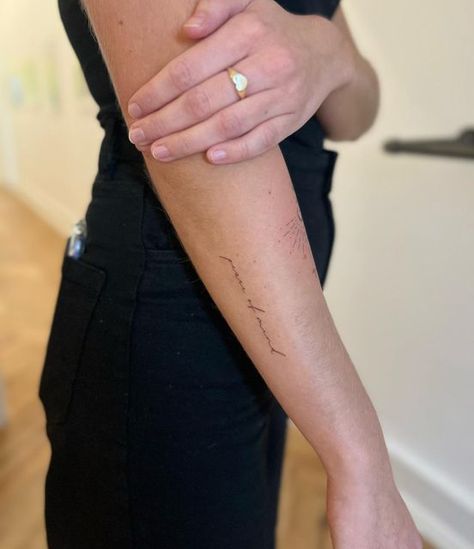 Fine Line Tattoo On Forearm, Fine Line Tattoos Forearm, Forearm Dainty Tattoo Women, Down Arm Tattoo, Light Writing Tattoo, Fine Line Tattoo Lost Loved One, Fine Line Script Tattoo Arm, Fine Line Word Tattoo Arm, Fineline Wrist Tattoo