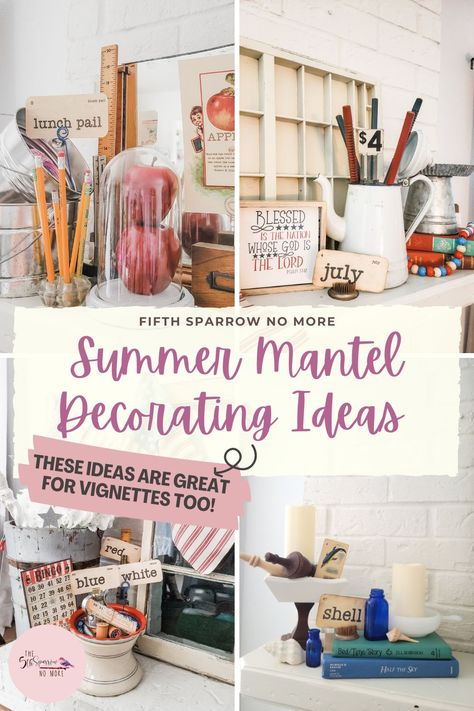 These are great ideas for beautiful summer decorating for your mantel (or is it fireplace mantle, I never know) in the months of June, July and August.    #summerdecorating #mantel #patriotic #vintagechooldecor via @5thsparrownomore August Mantle Decor, Summer Fireplace Decor Mantles, August Decorating Ideas Home, August Decorating Ideas, Summer Fireplace Decor, Mantle With Tv, Fireplace Decor Summer, Summer Mantel Decorating Ideas, Expand Furniture