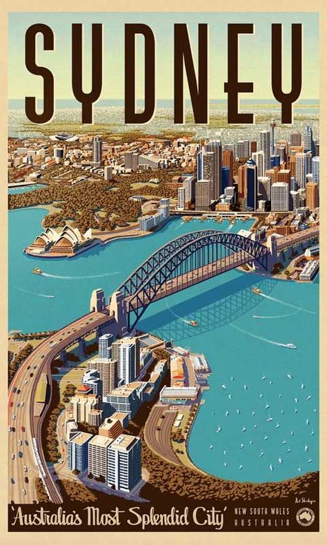 Sydney, Splendid City - Vintage Travel Poster by Vintage Portfolio How To Place Posters On Wall, Australia Poster Design, Vintage Travel Posters Australia, City Posters Aesthetic, Australia Graphic Design, Travel Art Prints, Vintage City Posters, Posters Aesthetic Vintage, Melbourne Poster