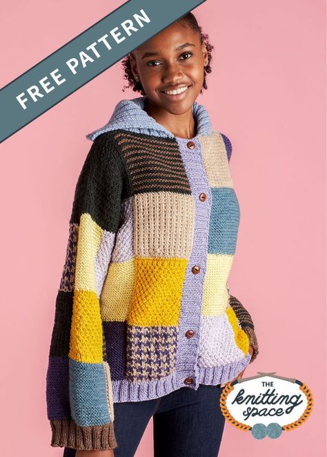 Color your day any day with this Pretty Patchwork Knitted Cardigan. It's a cheery piece that you'll love to wear as you unwind and relax on weekends. This colorful cardi makes for a delightful gift idea for girls. The pattern is easy to knit, ideal if you want to enjoy crafting while watching your favorite TV show. | Discover approximately 7,000 free knitting patterns at theknittingspace.com Knitted Colour Block Cardigan, Multi Color Sweater Knitting Pattern, Colorblock Sweater Knitting Pattern, Easy Knit Cardigan Pattern Free, Knitting Space, Kids Sweater Pattern, Winter Knitting Patterns, Easy Sweater Knitting Patterns, Fall Knitting Patterns