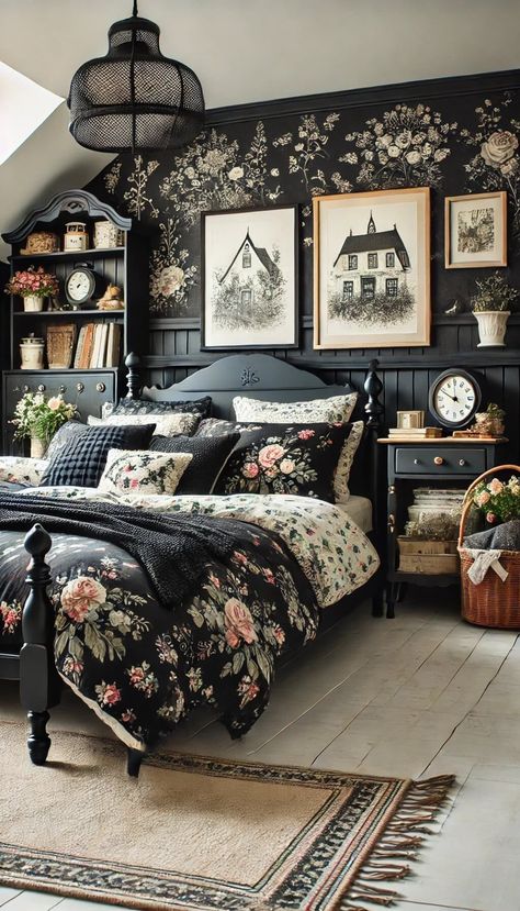 Black House Aesthetic Interior, Small Moody Bedroom, Cozy Goth Bedroom, Cozy Black Bedroom, Gothic Bedroom Aesthetic, Goth Farmhouse, Gothic Bedroom Ideas, Black Bedroom Ideas, Moody Home