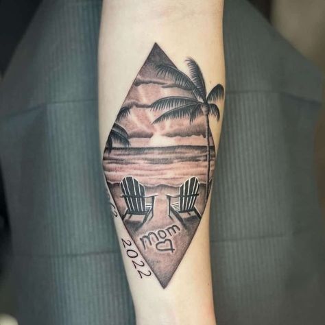 Beach Landscape Tattoo Design, Memorial Beach Tattoo, Seashell Memorial Tattoo, Black And White Beach Tattoo, Beach Memorial Tattoo, Ocean Memorial Tattoo, Beach Chair Tattoo, Beach Tattoo Ideas For Women, Beach Tattoo Design