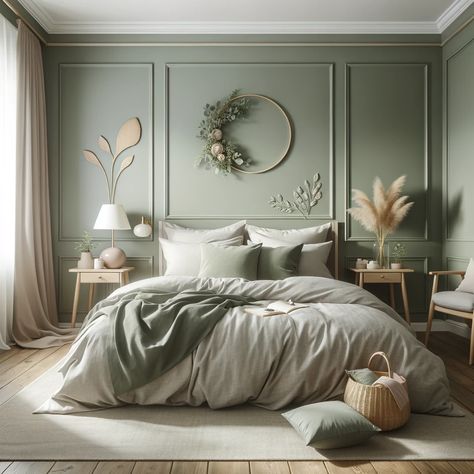 sage green bedroom Master Bedrooms Sage Green Accent, Bedroom Green Theme, Sage Bedroom Walls Inspiration, Sage Themed Bedroom, Calming Green Paint Colors For Bedroom, Bedroom Green Walls Ideas, Sage Green Wall Ideas, Sage Green Accent Wall Master Bed, Gray Sage Bedroom