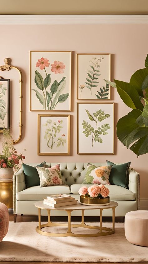 Step into a world of refined elegance and feminine charm with our luxurious Anthropologie-inspired living room. Immerse yourself in the sophisticated ambiance created by opulent furniture and decor, curated to perfection. The pièce de résistance? A stunning botanical gallery wall, adding a touch of nature's beauty to this haven of style. Indulge in the artistry of living with our carefully crafted space – where luxury meets botanical grace. 🌿✨ #LuxuryLiving #FeminineChic #AnthropologieStyle Flat Aesthetic, Botanical Gallery Wall, Botanical Interior, Ideas Habitaciones, Retro Bedroom, Earthy Living Room, Colourful Living Room, Stylish Living Room, Cozy Decor