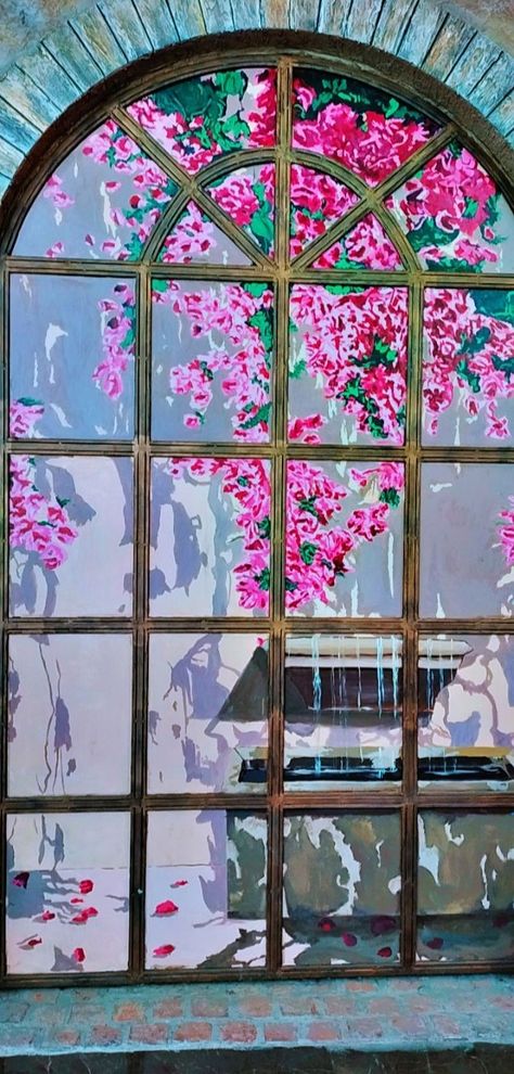 Window Mural Painting Wall Art, Painting Of A Window View, Painting Ideas On Windows, Window Painting Ideas Canvas, Window Mural Painting, Window Art Drawing, Paintings Of Windows, Window Painting Canvas, Painting Of Window