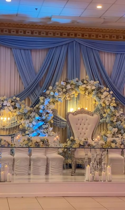 Ball Room Quince Theme, Decoration Ideas For Quinceanera, Quinceanera Themes Cinderella, Cinderella Quinceanera Themes Ideas, Quinceanera Themes Light Blue, Light Blue Quinceanera Centerpieces, Quince Hall Decorations, Main Table Quinceanera Blue, Quinseñeras Ideas Decoracion