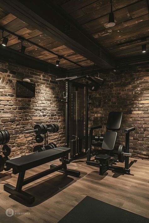 Basement Gym Aesthetic, Garage Gym Diy Ideas, Moody Gym Aesthetic, Gym In Shed, At Home Garage Gym, Basement Gym Design, Workout Basement, Home Gym In Garage, Gym In Basement