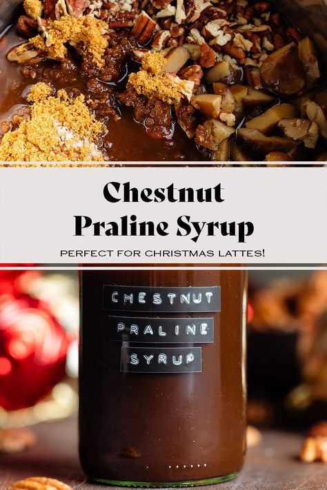 Chestnut Praline Syrup Homemade Holiday Coffee Syrup, Homemade Christmas Coffee Syrup, Maple Pecan Coffee Syrup, Pecan Praline Syrup Recipe, Fall Syrup For Coffee, Winter Coffee Syrup, Christmas Coffee Syrup Recipe, Coffee Syrups Recipes, Chestnut Praline Syrup Recipe