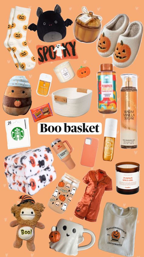 Cute boo basket for halloween/fall #fall #autumn #Halloween #basket #gifts #squishmallow #stanley #giftbasket #viral #fyp Boo Basket List Ideas, Boo Basket Themes, Basket Themed Gifts, Boo Basket Halloween, Preppy Boo Basket, Halloween Birthday Presents, Spooky Season Gift Basket, Cute Boo Basket Ideas For Best Friend, Girly Boo Basket