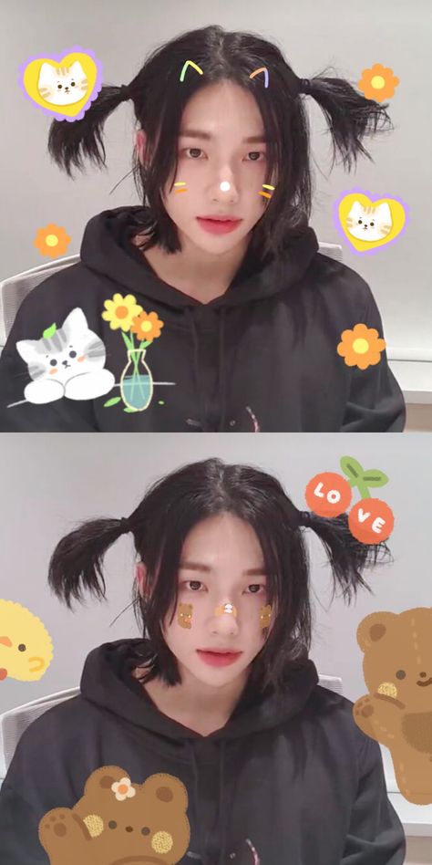 Felix In Pigtails, Felix Pigtails, Hyunjin Pigtails, Half Up Half Down Pigtails, Versace Man, Itachi Cosplay, Hyunjin Wallpaper, Kpop Backgrounds, Hyunjin And In