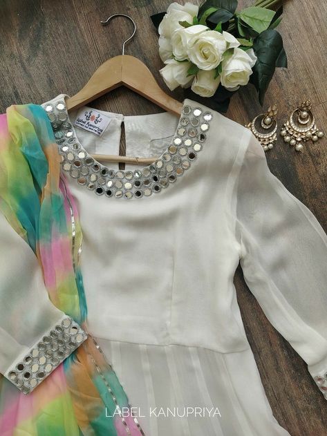 Work Kurti Design, Mirror Work Kurti Design, Leheriya Dupatta, Beautiful Anarkali, Mirror Work Kurti, Label Kanupriya, Long Frock, Global Dress, Pakistani Dresses Casual