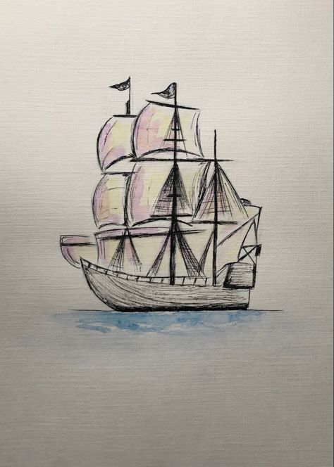 Boat On Water Drawing, How To Draw A Ship, Ship Sketch Simple, Easy Ship Drawing, Sentimental Drawings, Easy Boat Drawing, Sailing Boat Drawing, Sailing Ship Drawing, Sail Boat Drawing