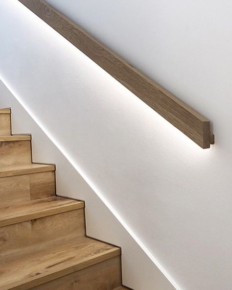 Staircase design! Solid wood handrail with concealed lighting...beautiful ambience at night. The staircase flooring is in vinyl can you believe🙌🏻 Adding a lovely white skirting to complete the look! #designkhome Ideas For Stairs, Handrail Lighting, Stairs Lighting, Wood Handrail, Handrail Design, Stairway Lighting, Lighting Diy, Staircase Handrail, Stair Rail