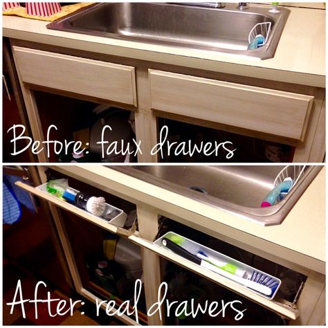 Faux Drawers into Functional Drawers. Yay! More functional storage in my tiny kitchen! I installed tilt-out drawers in my sink cabinet. Now, I just need to install the drawer pulls, and the rest of the cabinet doors in my kitchen... Tip Out Drawer Storage, No Drawers In Kitchen, Tilt Out Drawer, Tilt Out Drawer Under Sink, Flip Out Drawer Under Sink, Replace Bottom Of Cabinet Under Sink, Kitchen Sink Dummy Drawer Replacement, Kitchen Junk Drawer, Cabinet Update