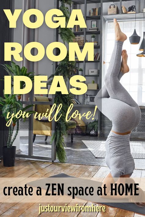 woman doing yoga at home, text overlay yoga room ideas you will love, create a zen space at home Yoga Space In Living Room, Zen Room Ideas Meditation Decor, Zen Yoga Room Ideas Home, Yoga Space At Home Meditation Corner, Yoga Room Decorating Ideas, Yoga Bedroom Ideas, Zen Workout Room, Yoga Corner Bedroom, Home Yoga Room Ideas