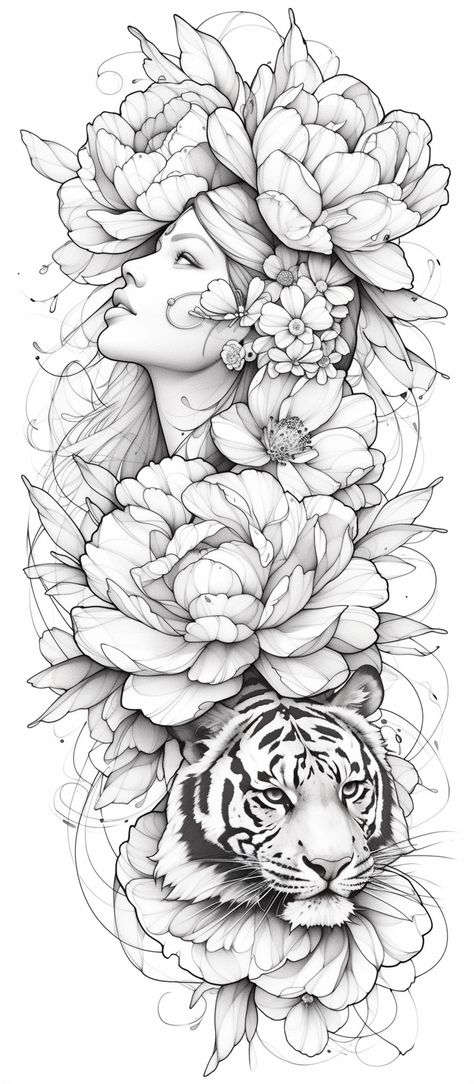 Half Human Half Animal Tattoo, Large Female Thigh Tattoos, Aphrodite Tattoo Stencil, Flower Sleeve Tattoo Designs, Unique Floral Tattoo Design, Thigh Flower Tattoo Designs, Tiger And Flowers Tattoo Design, Tiger Lily Tattoo Stencil, Jungle Leaves Tattoo Design