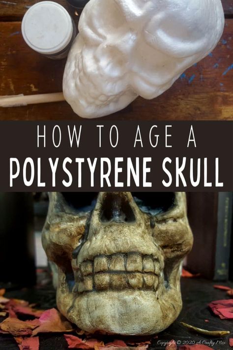 Halloween Skull Decorations Outdoor, How To Age A Skeleton, Plastic Skull Makeover, Halloween Skulls Diy, Decorated Skulls Halloween, Plastic Skull Ideas, Styrofoam Skull Ideas, Halloween Styrofoam Crafts, Foam Skull Diy