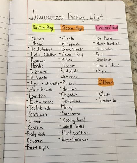 Softball Travel Ball Packing List, Soccer Backpack Essentials, Things To Pack For A Volleyball Tournament, Soccer Trip Packing List, Softball Travel Packing List, What To Pack For Soccer Tournament, Soccer Equipment List, Things To Bring To A Soccer Tournament, Soccer Bag Essentials List