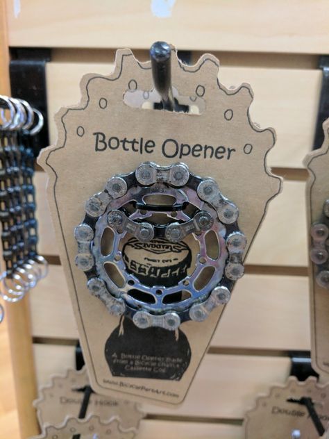 Bottle openers made from recycled bicycle parts. Bicycle Parts Art, Bicycle Furniture, Recycled Bike Parts, Bike Craft, Handmade Business Cards, Bicycle Mechanics, Best Groomsmen Gifts, Bicycle Decor, Biker Art