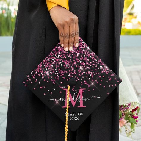 $22.05 | Pink Confetti Monogram Name Graduation Cap Topper #graduation, graduate, trendy, typography, monogram, name and initial, girly, monogrammed, pink sparkly confetti, class of 2023 Graduation Cap Designs Black, Unique Graduation Cap Designs, Bedazzled Graduation Cap, Graduation Hat Designs, Graduation Cap Decoration Diy, Custom Graduation Caps, High School Graduation Cap, College Graduation Cap Decoration, Silver Confetti