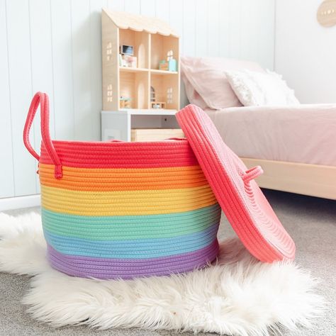 Rainbow Basket, Cotton Rope Basket, Crochet Storage Baskets, Crochet Storage, Living Room Essentials, Rope Basket, Kids Interior, Modern Crochet, Room Essentials