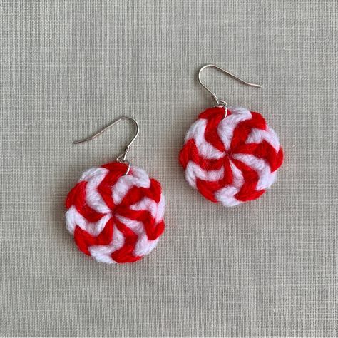 Crochet Peppermint Swirl Candy Earrings | Sterling Silver 925 Hook | Holiday Themed Jewelry | Gift For Her | Stocking Stuffer Perfect For The Holiday Season! Dangle Earrings Are Ultra Lightweight Paired With Hypoallergenic Sterling Silver 925 Hooks. An Adorable Gift And Stocking Stuffer! Crochet Hair Clips Christmas, Quick Crochet Xmas Gifts, Crochet Christmas Jewelry, Disney Christmas Earrings, Crochet Christmas Gifts For Teachers, Crochet Quick Christmas Gifts, Crochet Bachelorette Gifts, Fast Crochet Christmas Gifts, Crochet Earrings Christmas