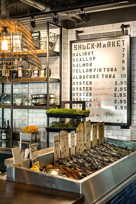 Hospitality Interior Design | Shuck Seafood + Raw Bar — D360 Inc. Fish Shop Design Interiors, Oyster Bar Design, Oyster Display, Raw Oyster Bar, Holiday Seafood Recipes, French Seafood, Oyster Bar Restaurant, Seafood Sandwiches, Fish Bar